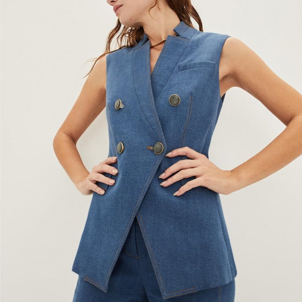 Veronica Beard Blue Double-Breasted Vest - Picture 9 of 11